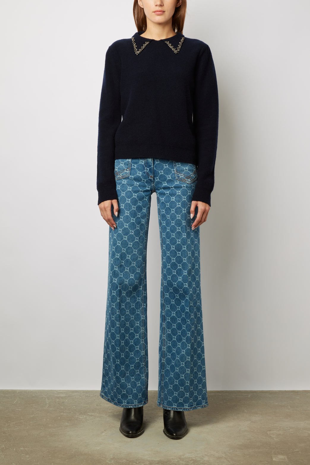 Pull uni en laine avec col chemise et strass - LUDIVINE Faume - seconde main