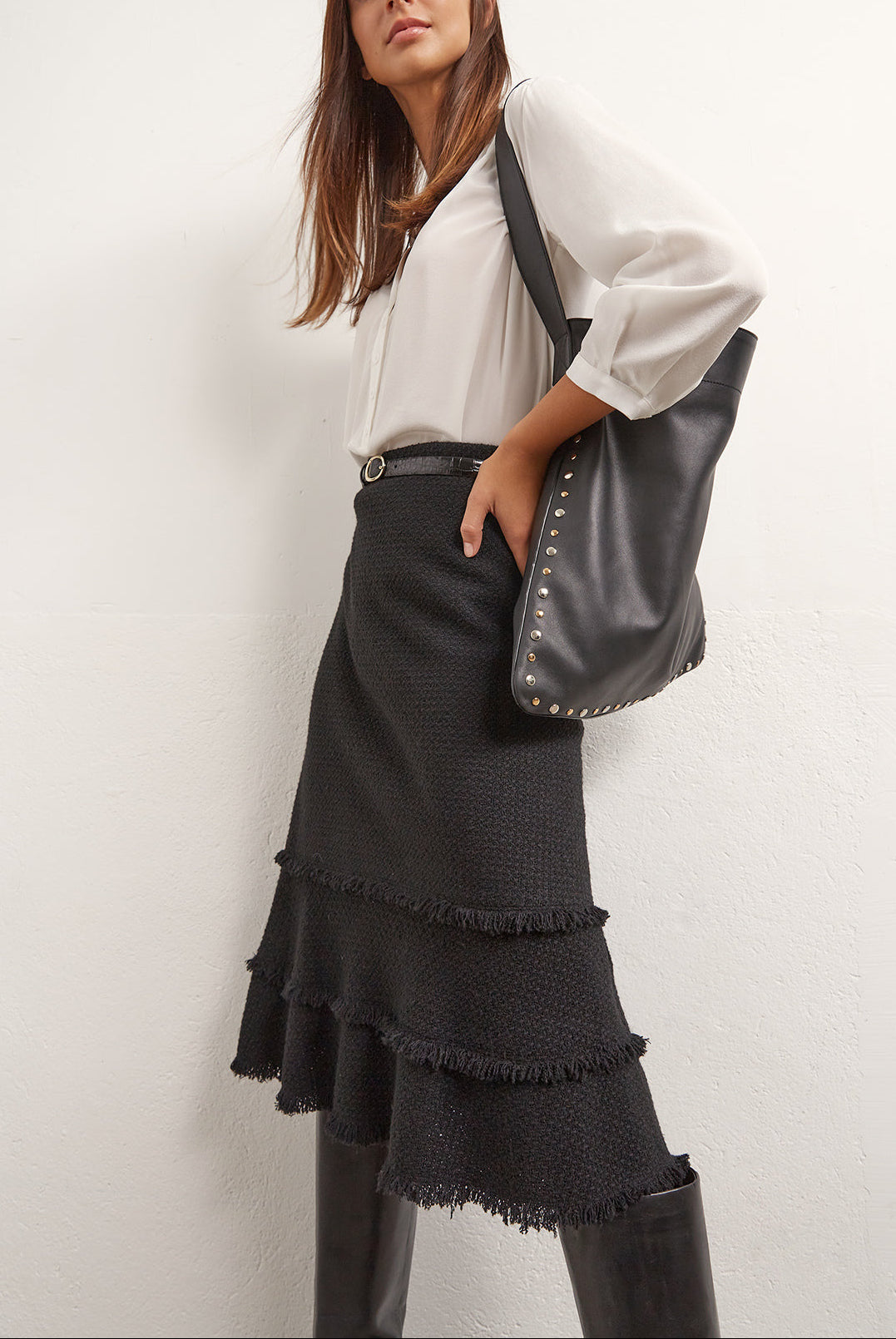 Matilda - Jupe trapèze en tweed à franges Faume - seconde main