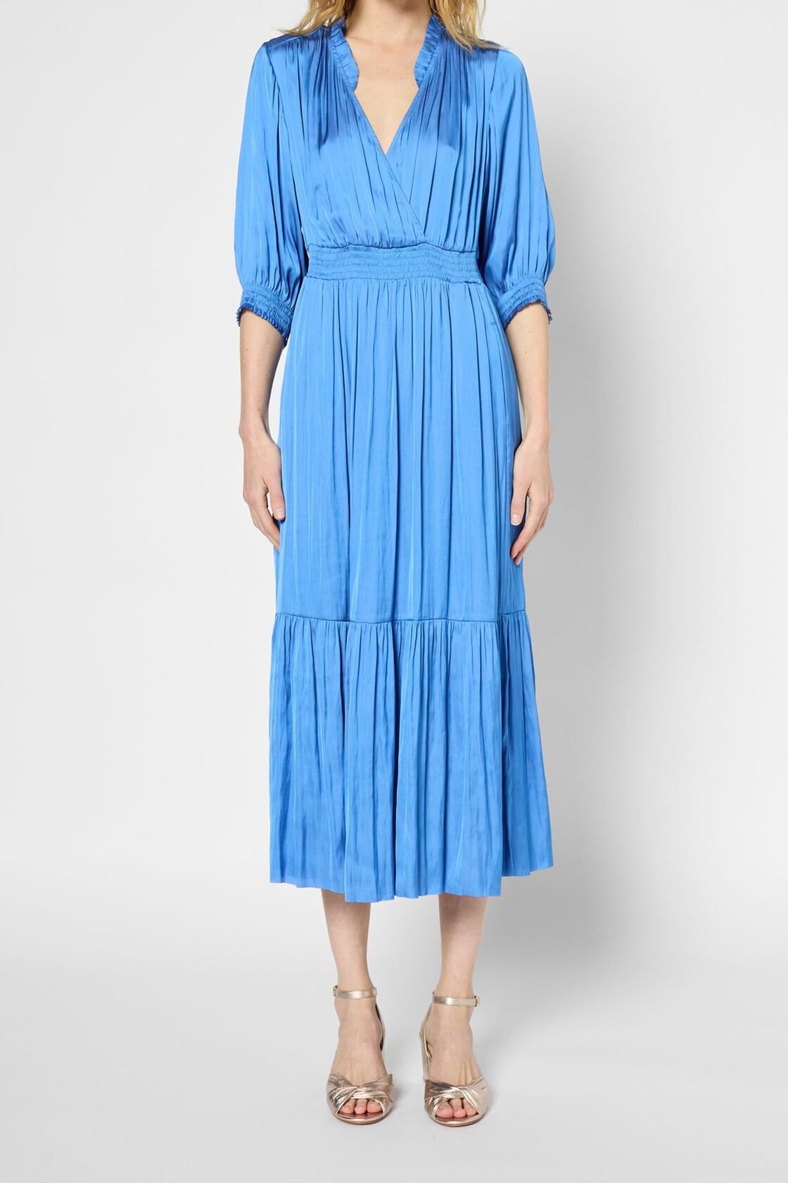 Robe longue satinée à smocks et volants - POPIE Faume - seconde main
