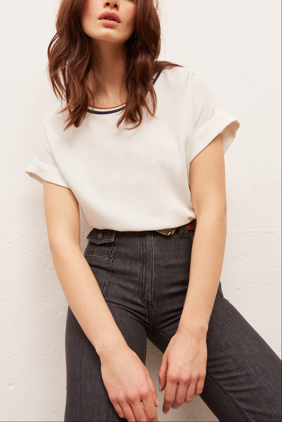 NAYEL - Top en crêpe avec encolure rayée Faume - seconde main