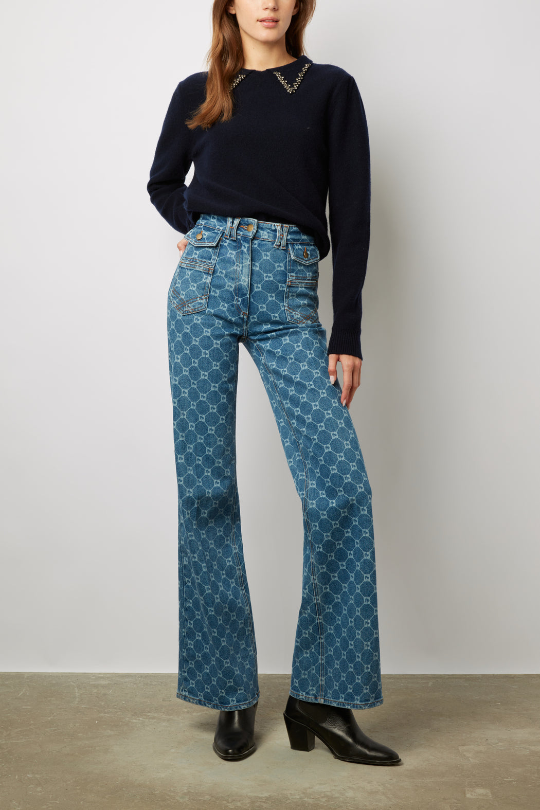 Pull uni en laine avec col chemise et strass - LUDIVINE Faume - seconde main