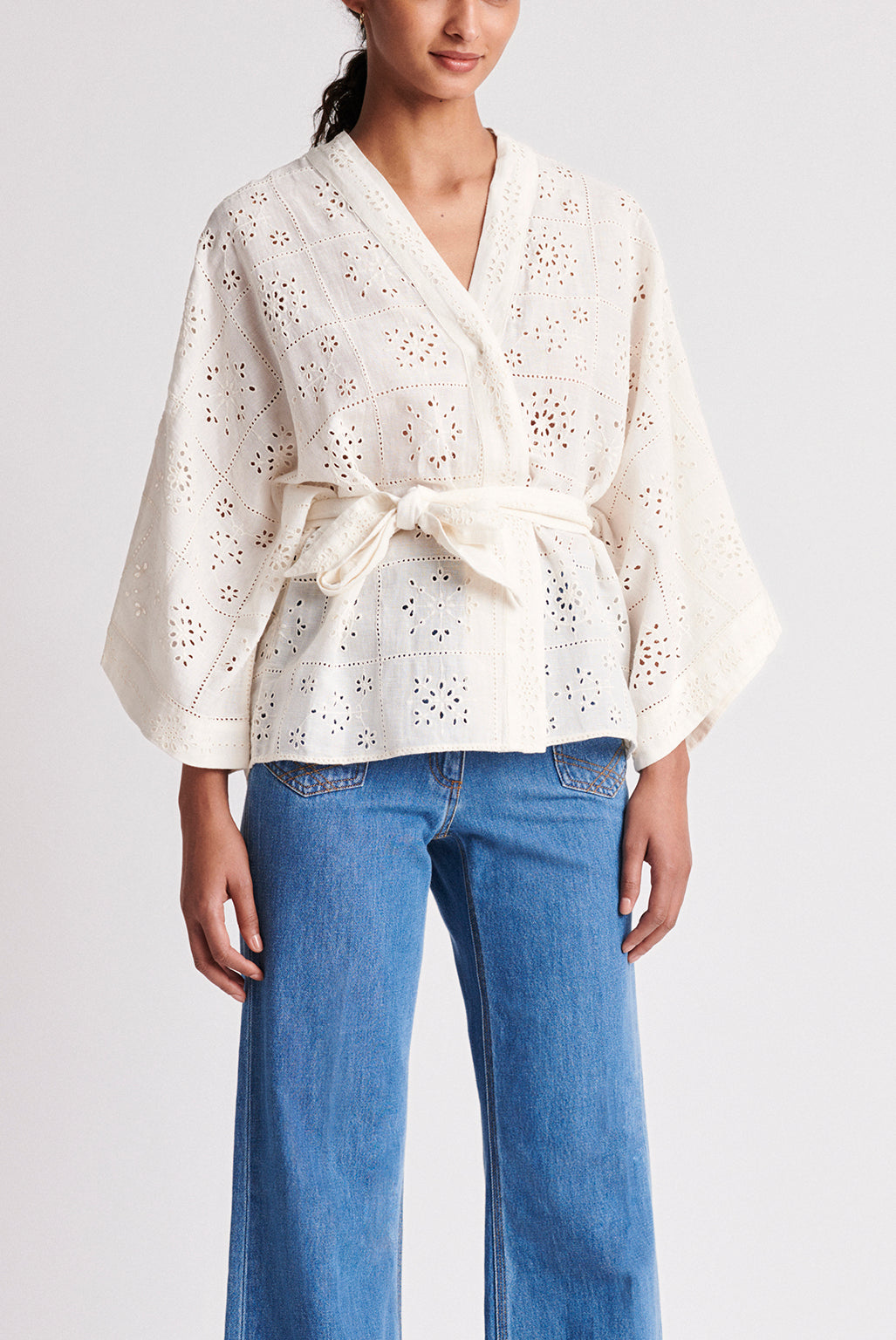 NAELIE - Kimono court en coton et lin brodé Faume - seconde main