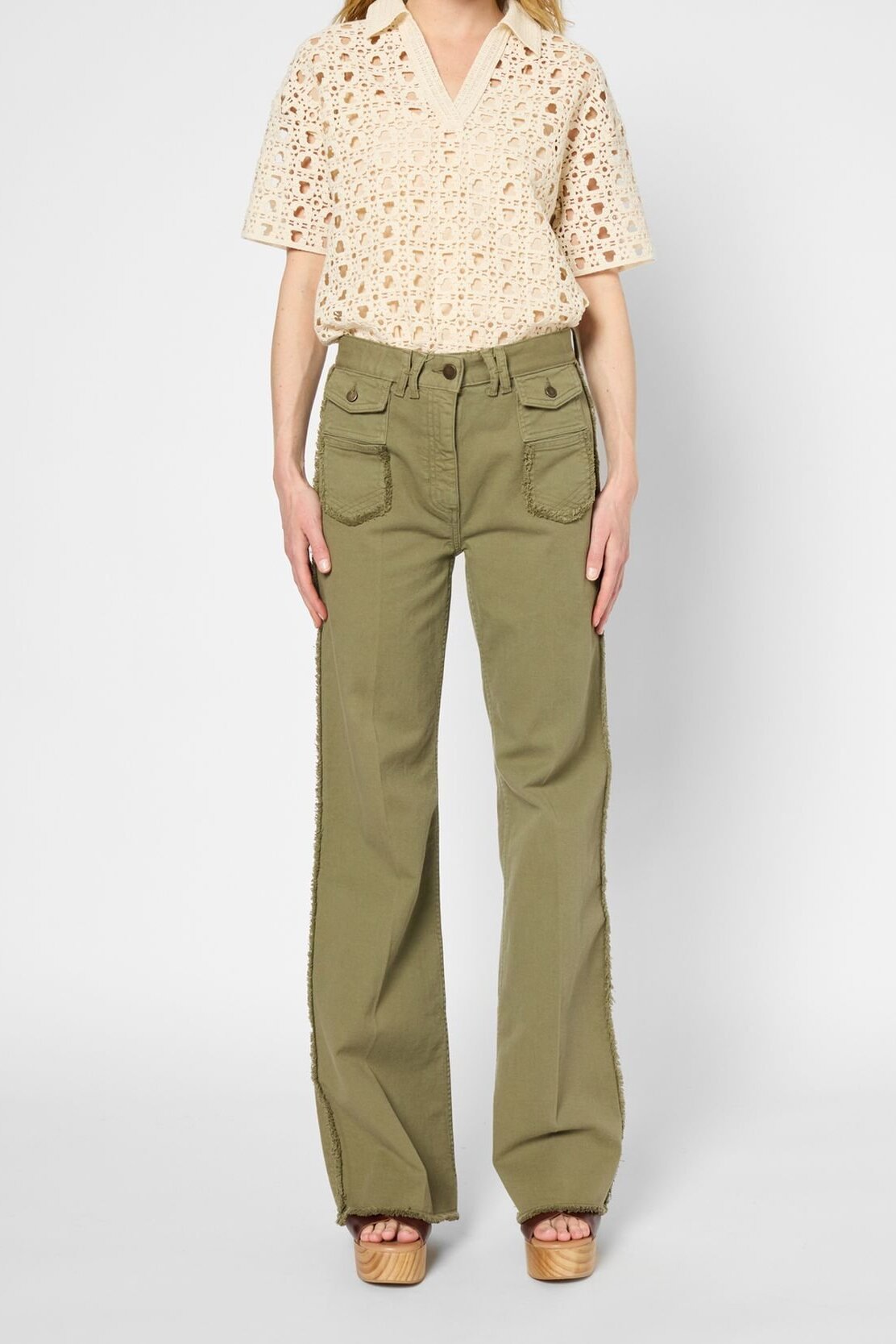 Jean flare kaki à franges - ANNA Faume - seconde main