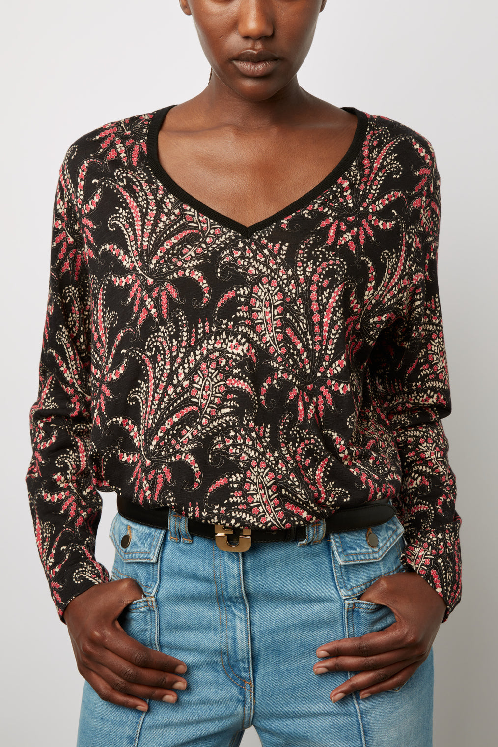 T-shirt imprimé à col V et manches longues - ADELINA Faume - seconde main