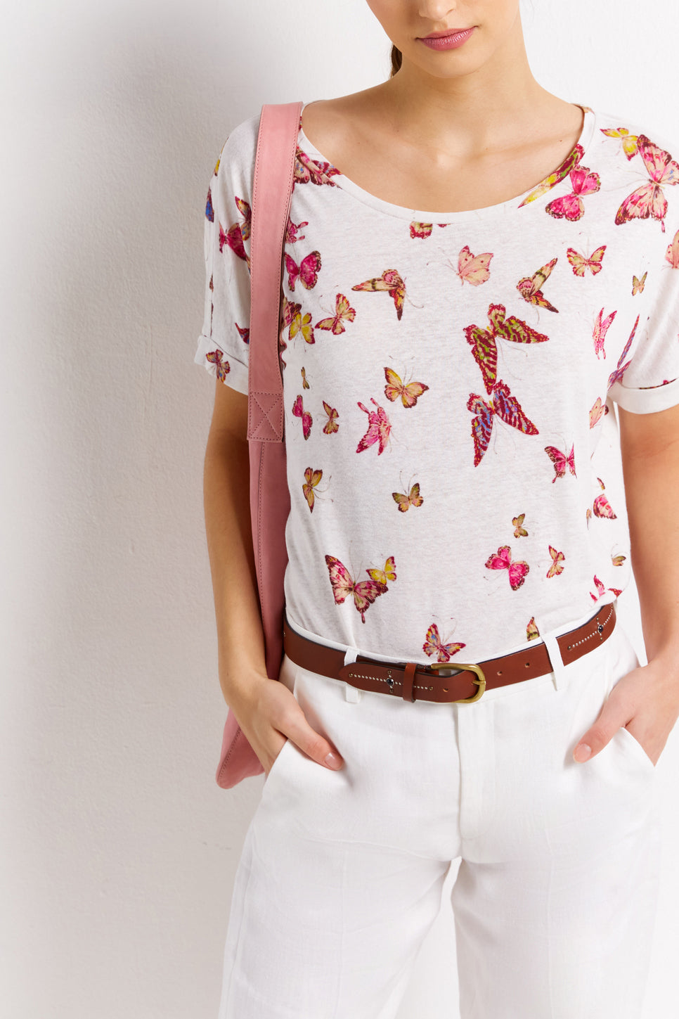 Tee-shirt en lin et coton avec motif papillon - ANNY Faume - seconde main