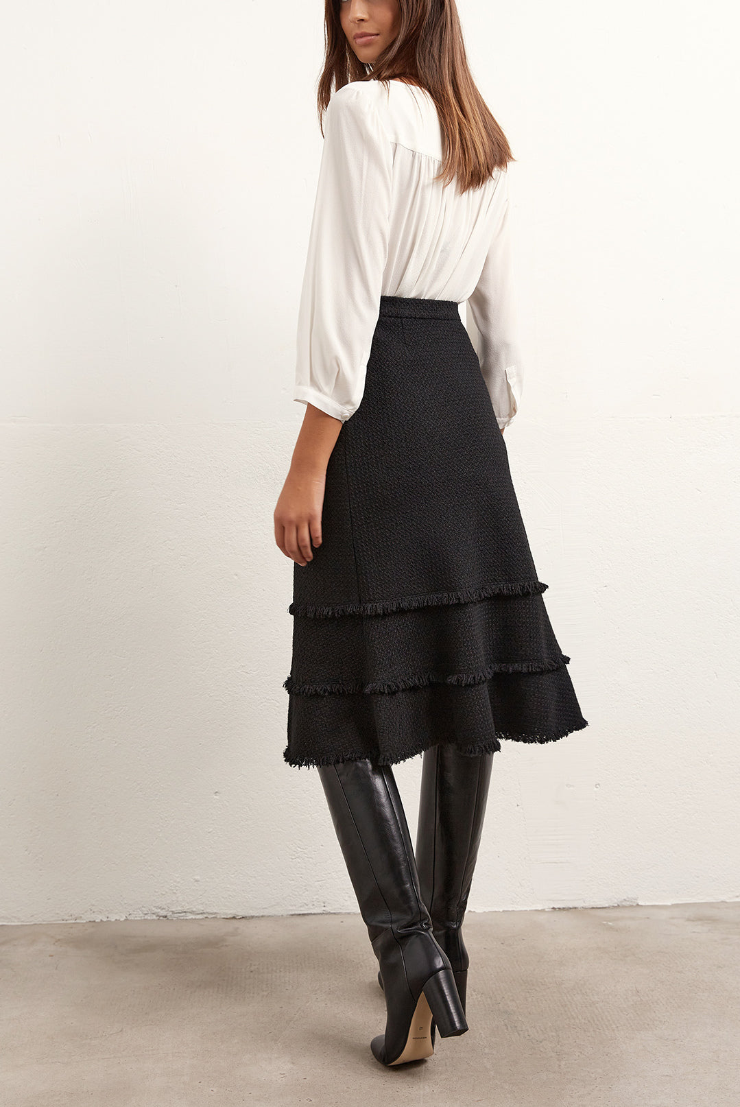 Matilda - Jupe trapèze en tweed à franges Faume - seconde main