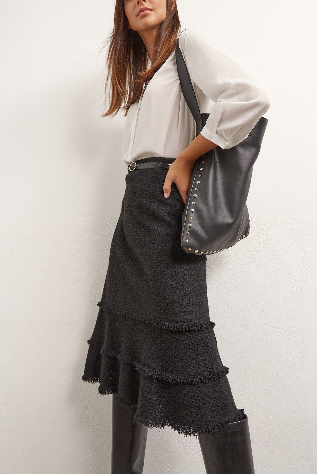 Matilda - Jupe trapèze en tweed à franges Faume - seconde main