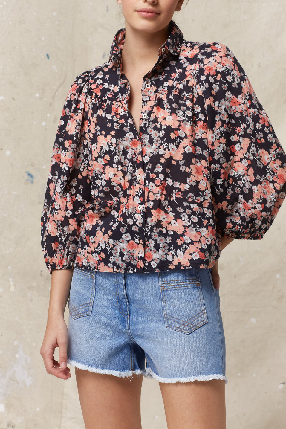 Chemise fleurie en coton et col Claudine - ELTON Faume - seconde main