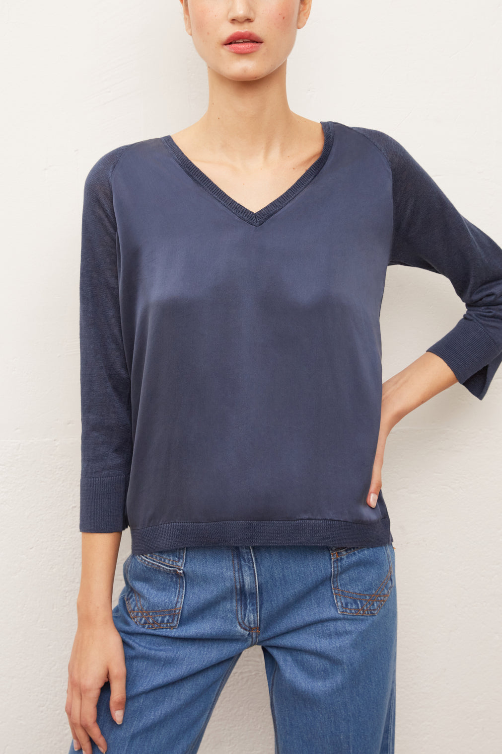 EVANNA - Pull V en lin et soie Faume - seconde main