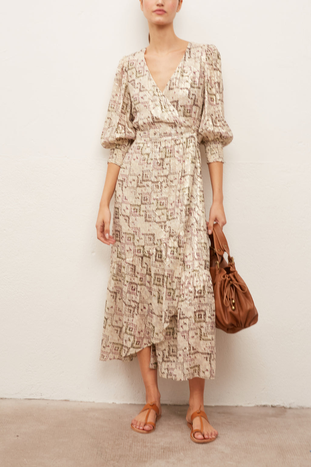 SOLANGE - Robe longue imprimée en soie mélangée et Lurex Faume - seconde main