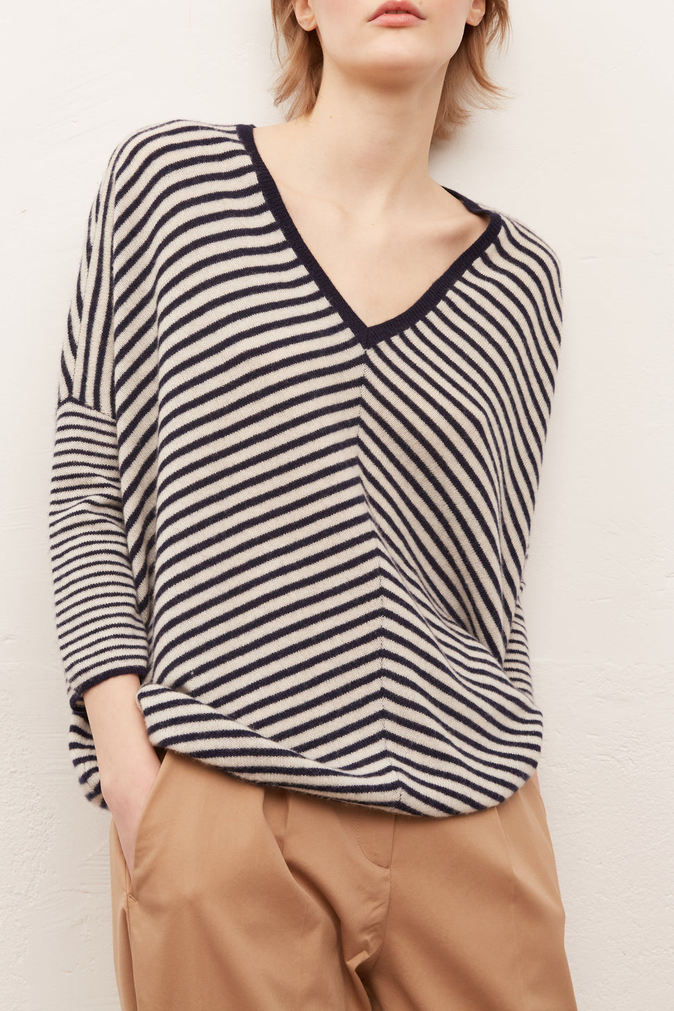 ELIO - Pull V en cachemire rayé Faume - seconde main