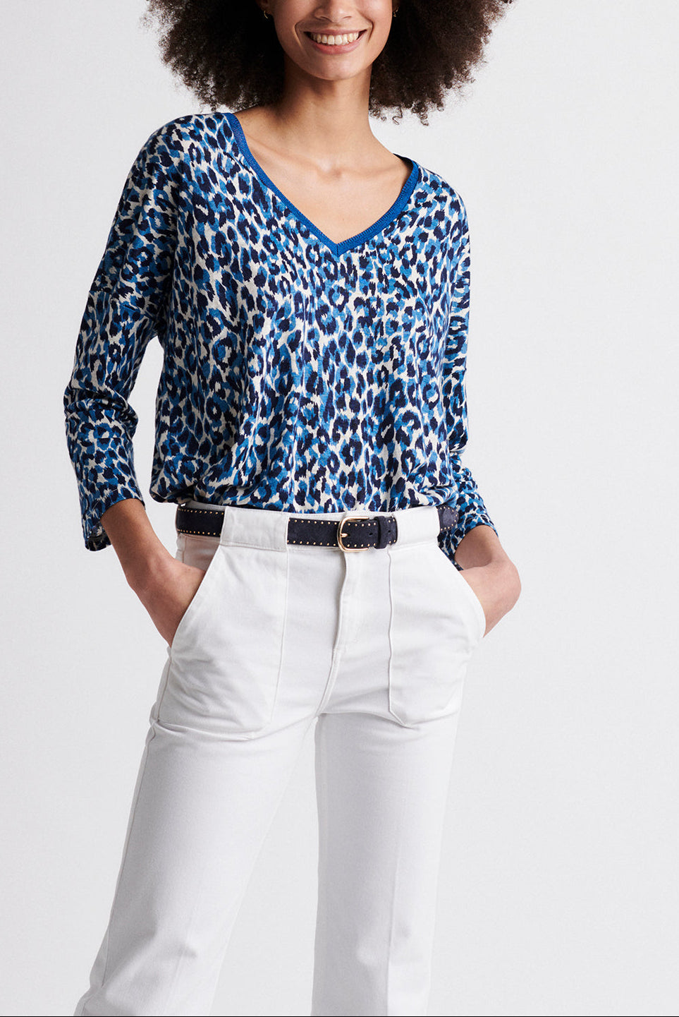 JANA - Tee-shirt manches longues à imprimé animalier en lin Faume - seconde main