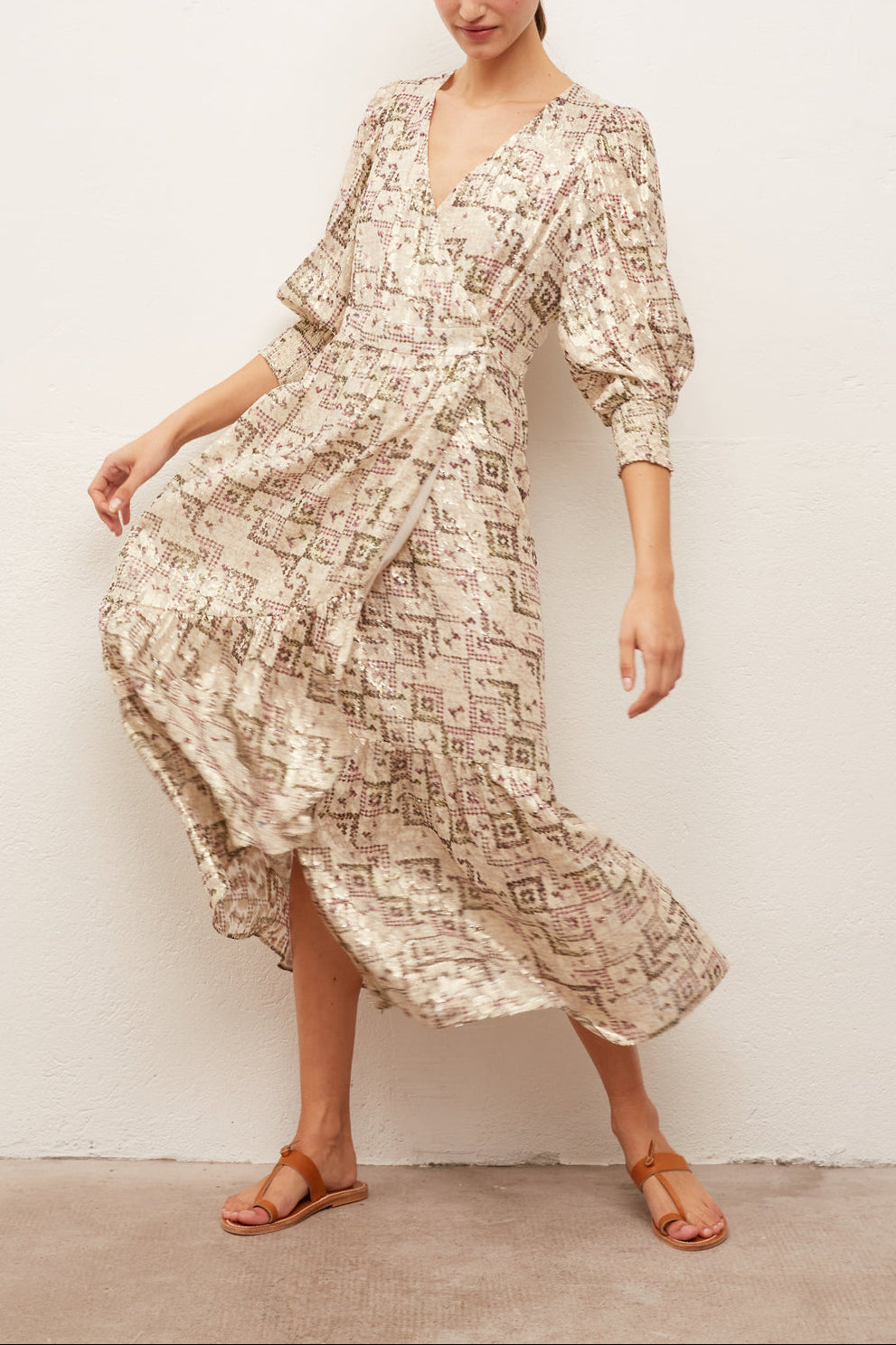 SOLANGE - Robe longue imprimée en soie mélangée et Lurex Faume - seconde main