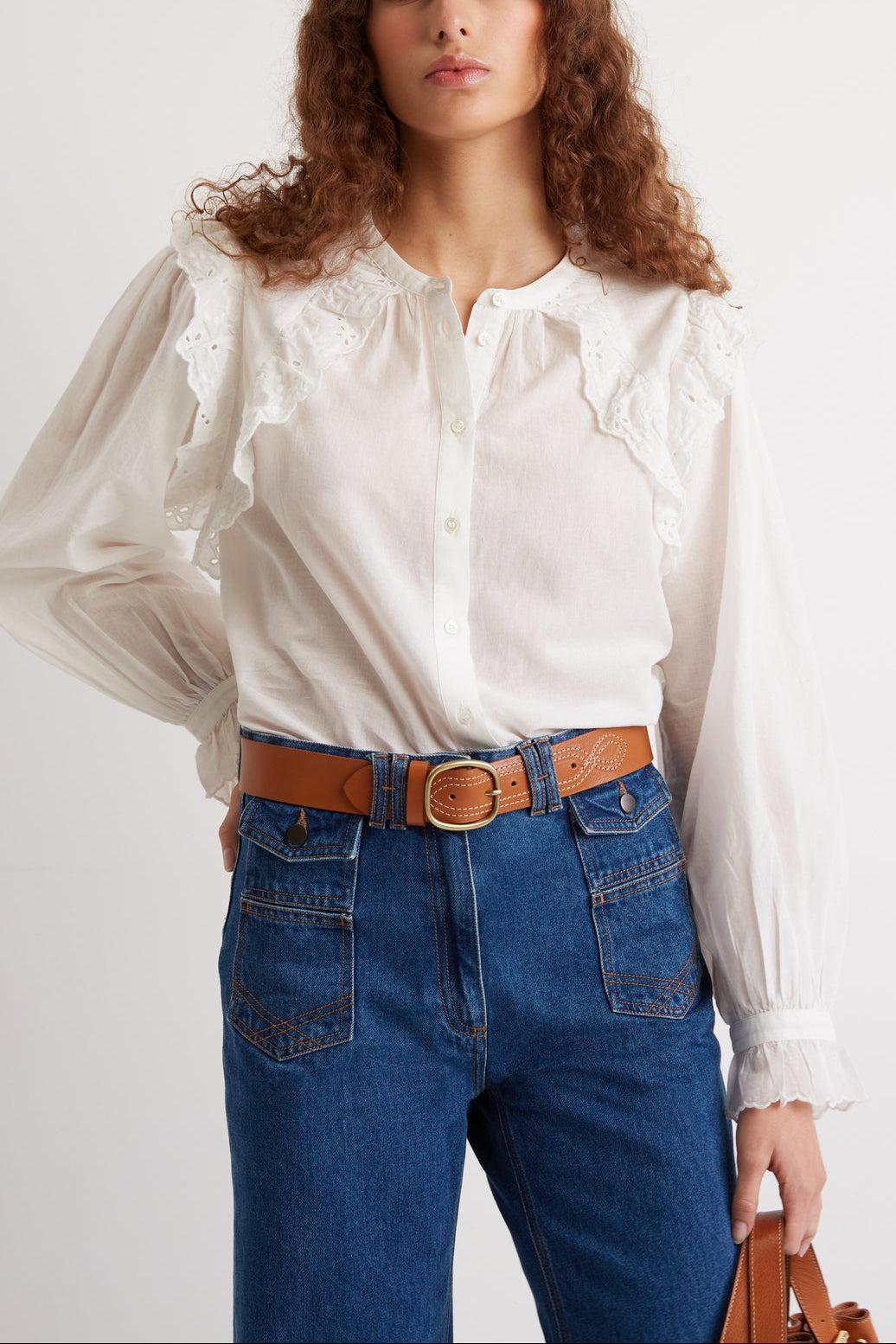 Chemise en coton brodé et volants - CELINE Faume - seconde main