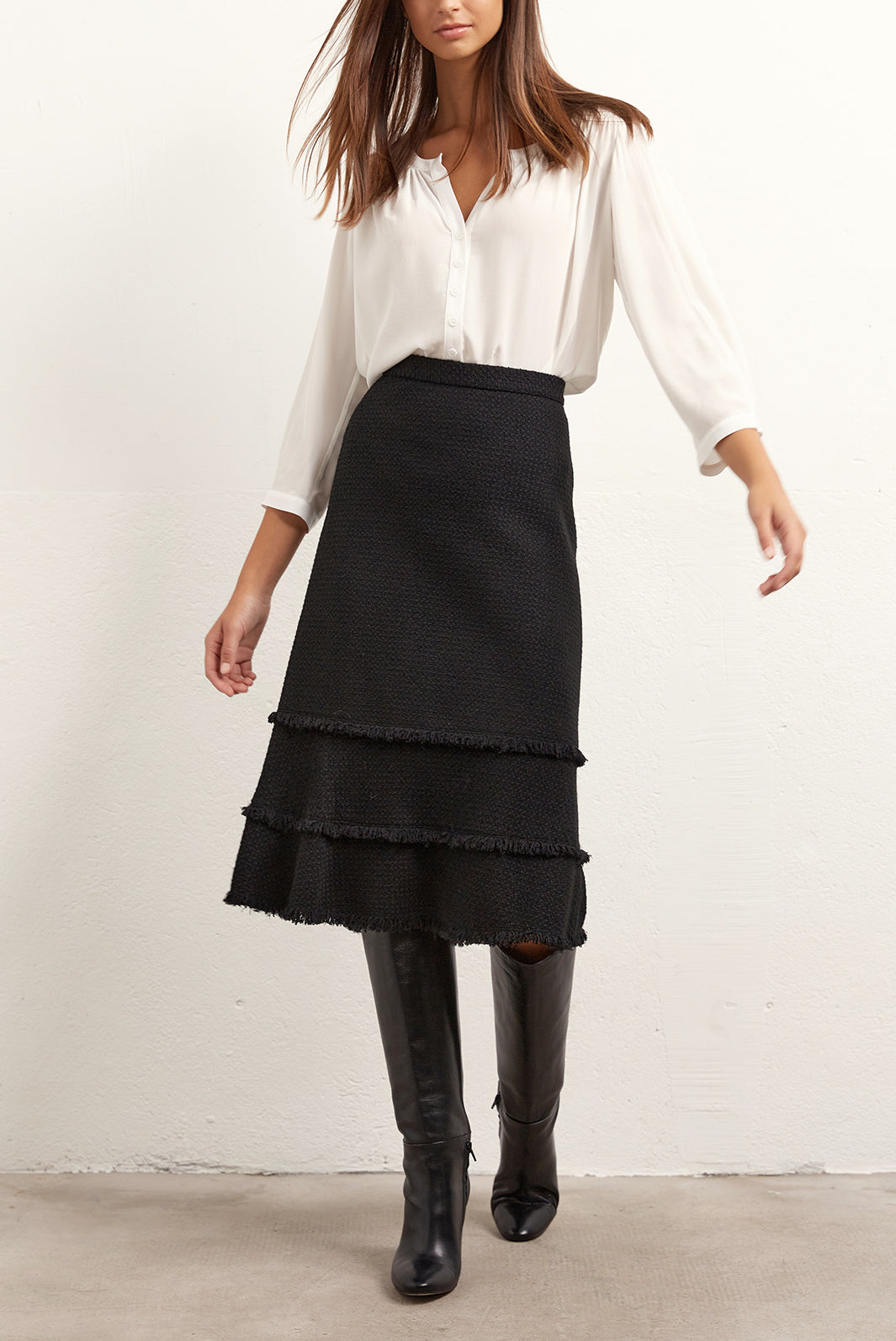 Matilda - Jupe trapèze en tweed à franges Faume - seconde main