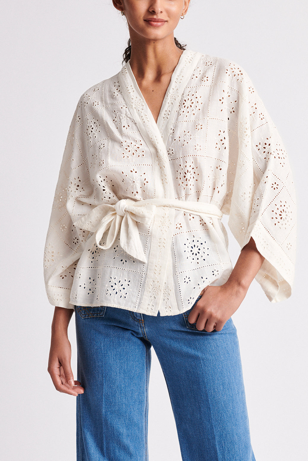 NAELIE - Kimono court en coton et lin brodé Faume - seconde main