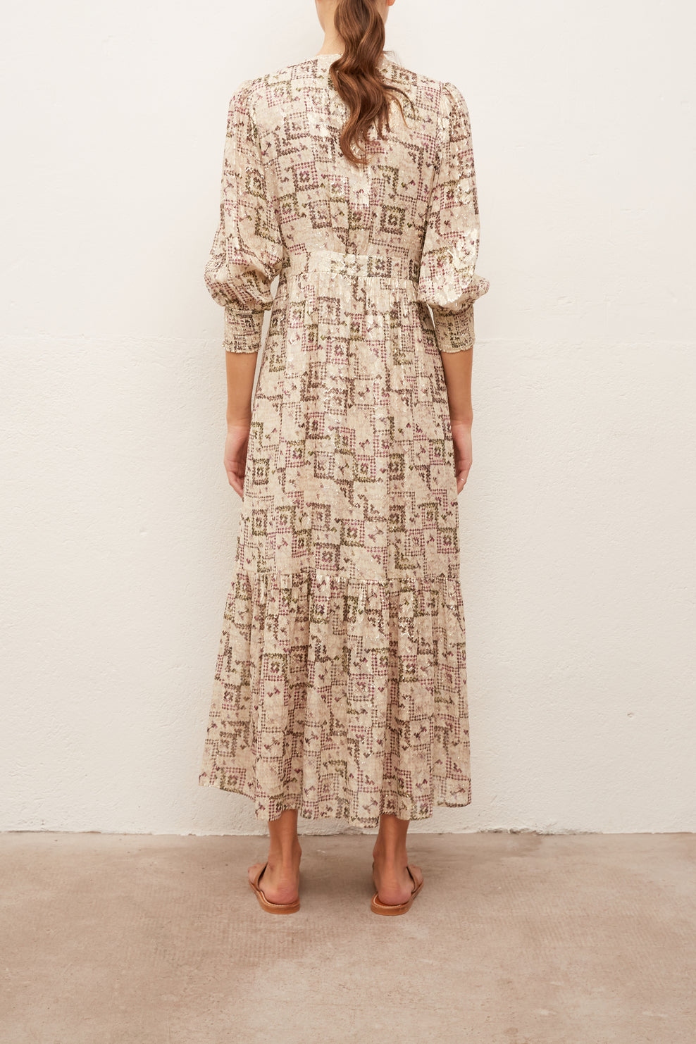 SOLANGE - Robe longue imprimée en soie mélangée et Lurex Faume - seconde main