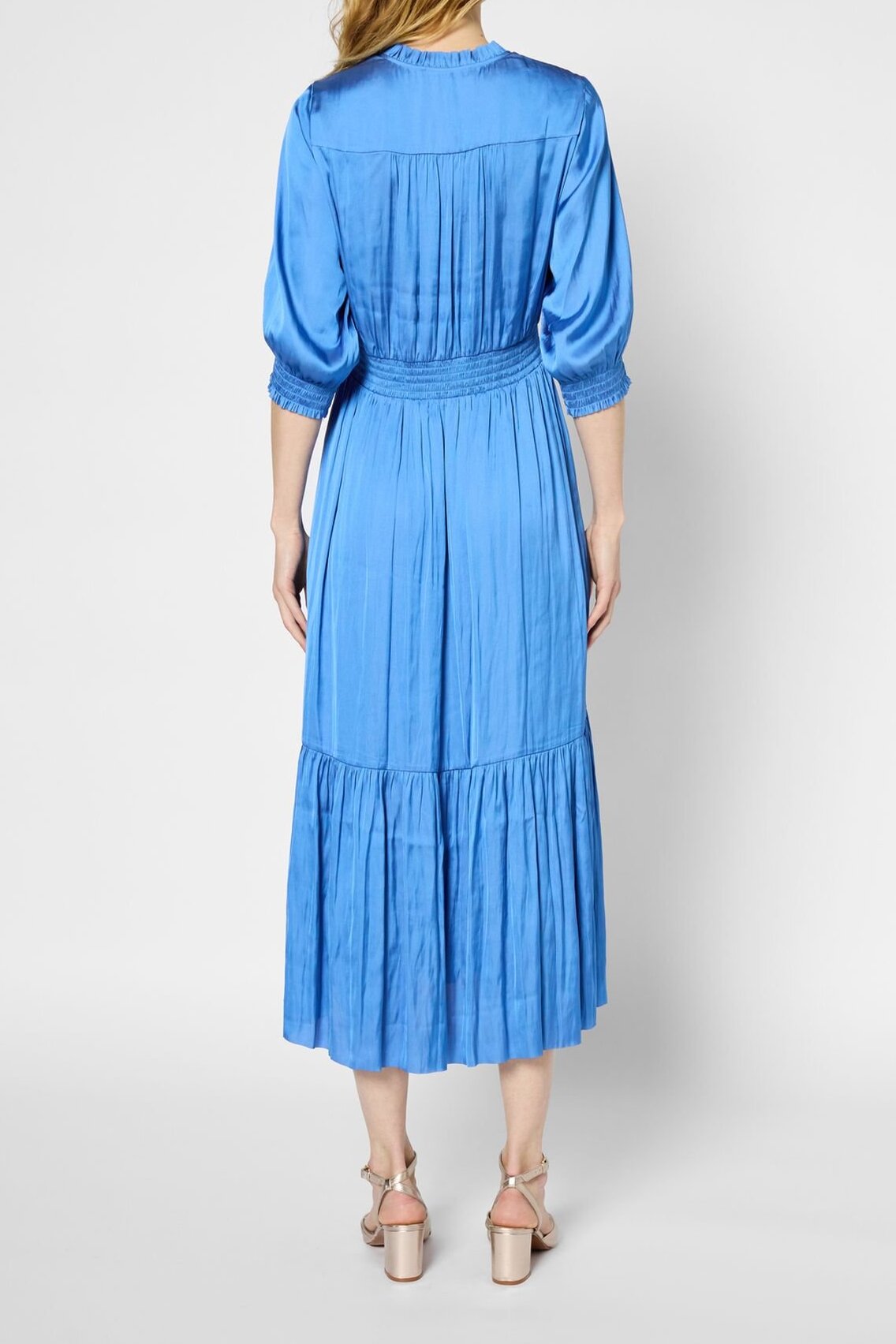 Robe longue satinée à smocks et volants - POPIE Faume - seconde main
