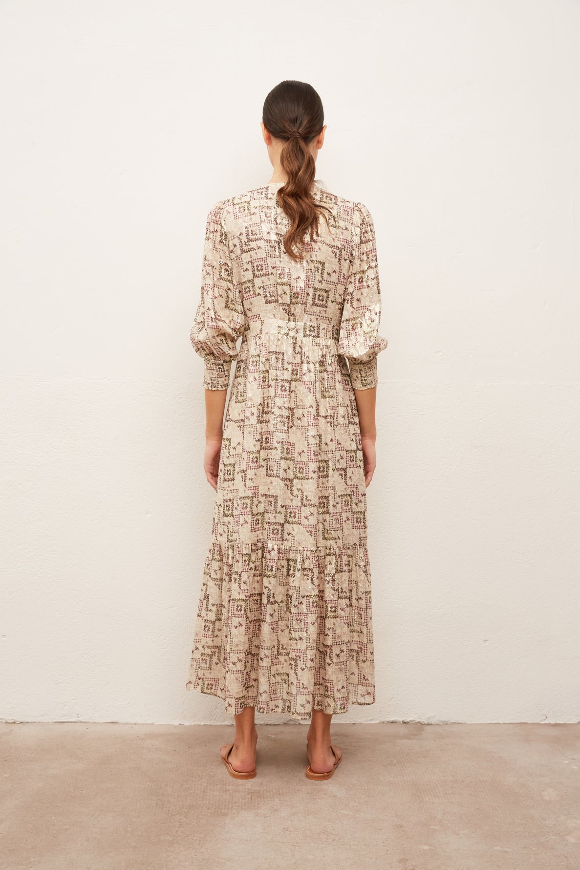 SOLANGE - Robe longue imprimée en soie mélangée et Lurex Faume - seconde main