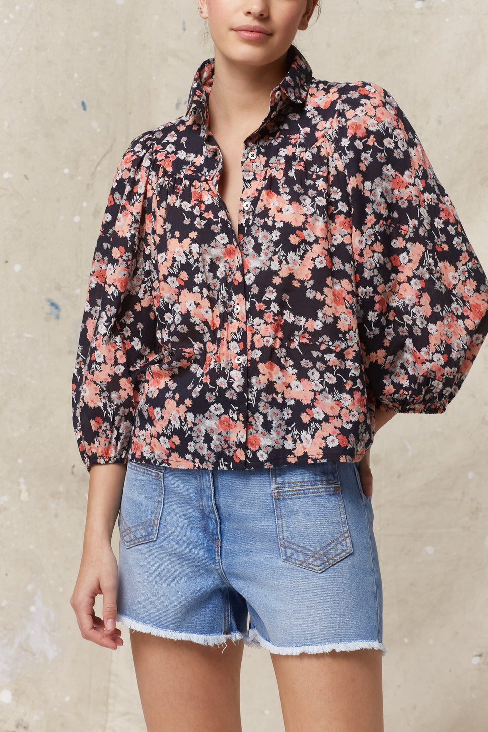 Chemise fleurie en coton et col Claudine - ELTON Faume - seconde main