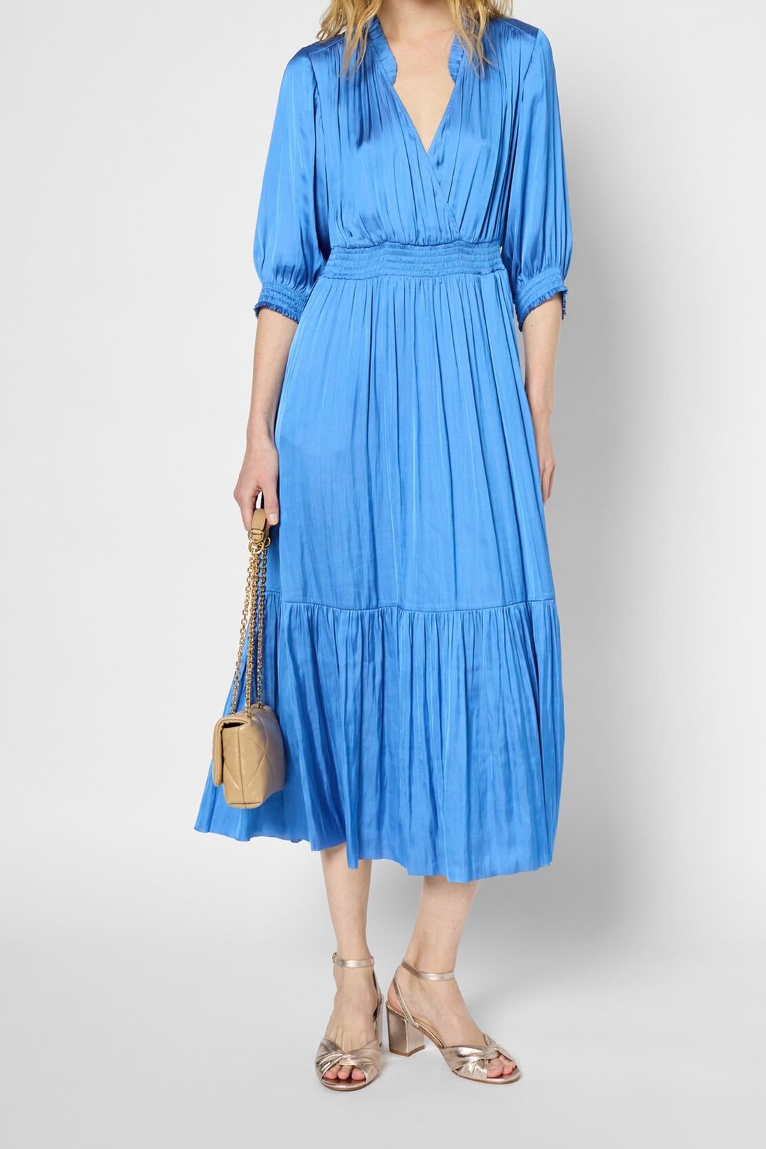 Robe longue satinée à smocks et volants - POPIE Faume - seconde main
