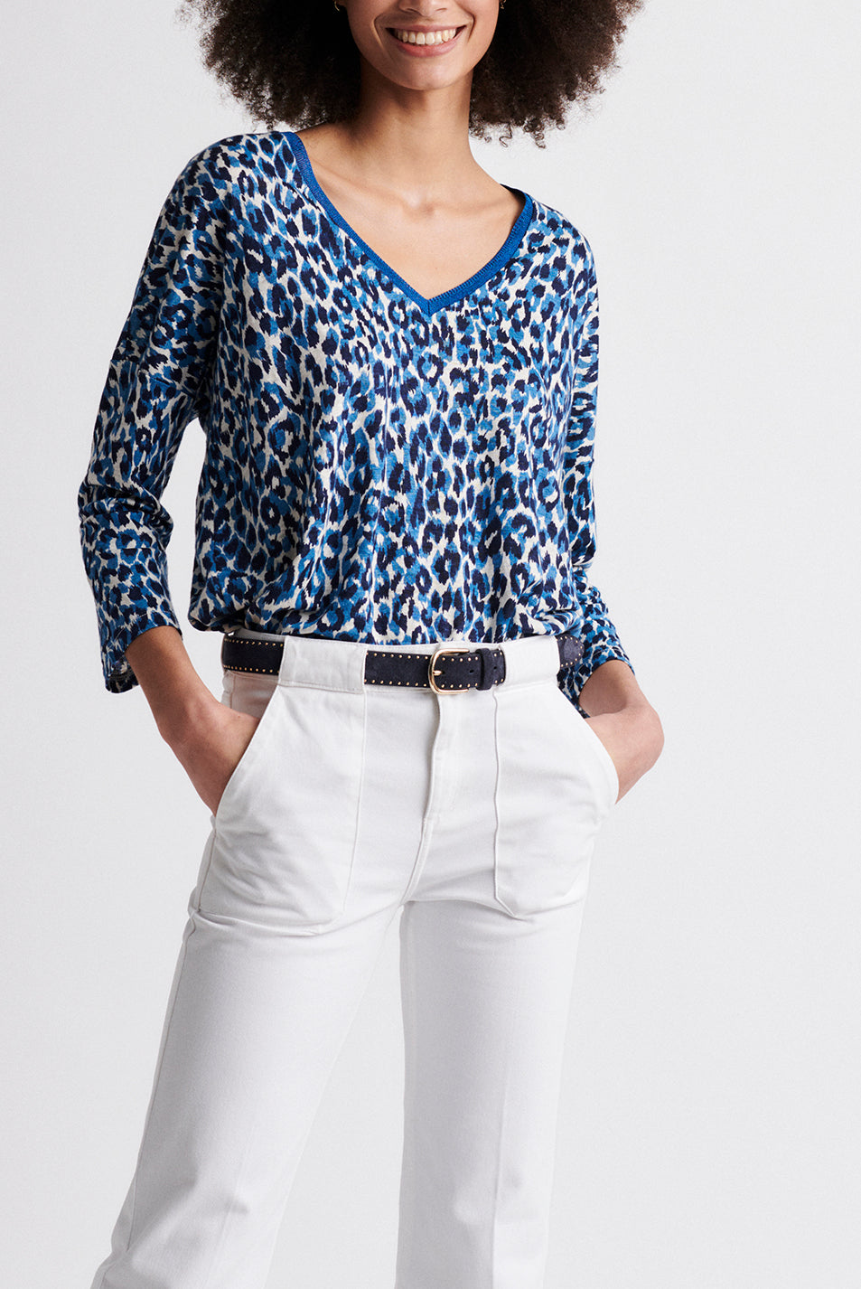 JANA - Tee-shirt manches longues à imprimé animalier en lin Faume - seconde main