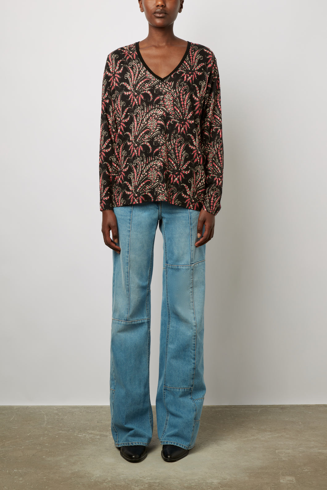 T-shirt imprimé à col V et manches longues - ADELINA Faume - seconde main