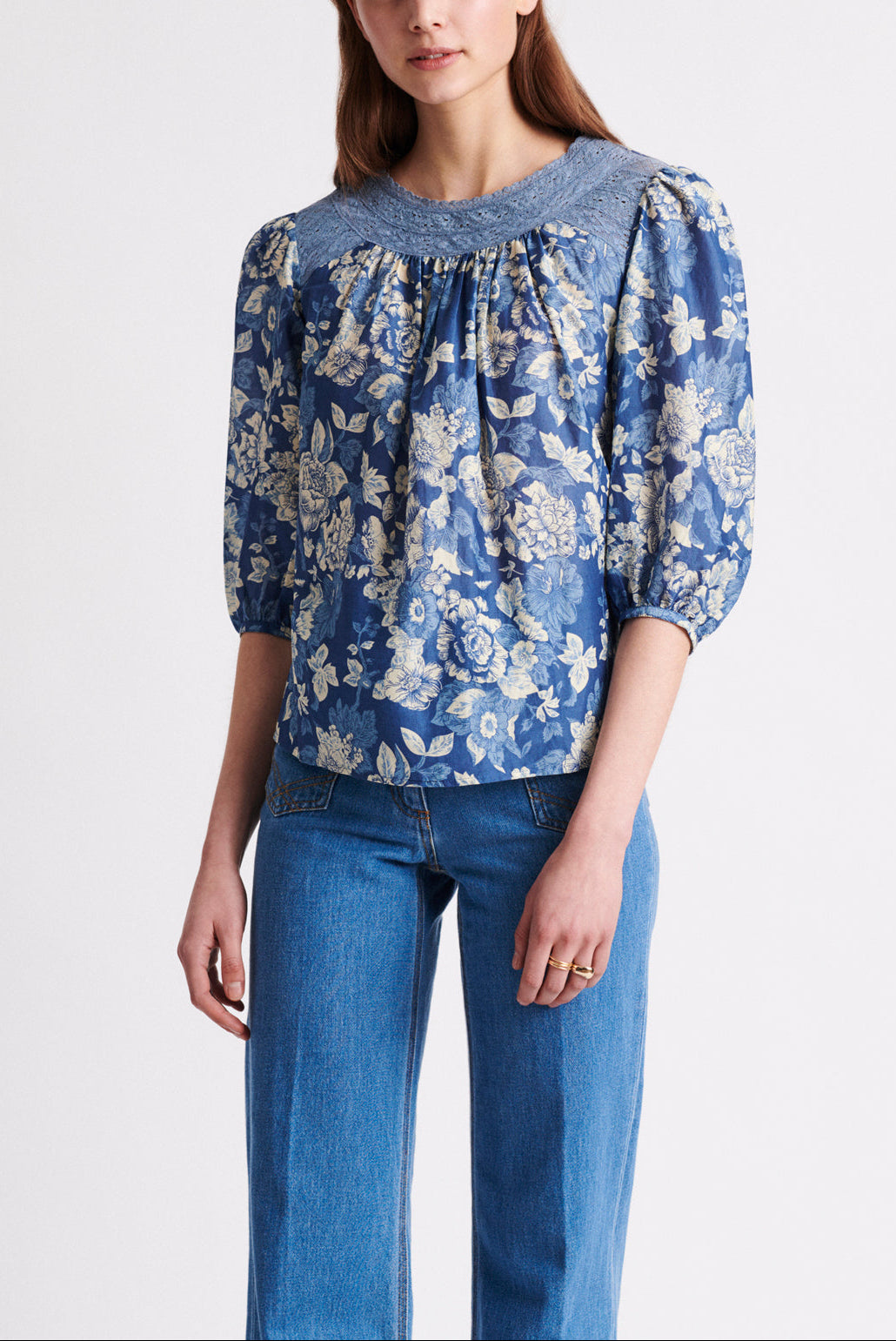 NATHALIE - Blouse coton et soie avec dentelle Faume - seconde main