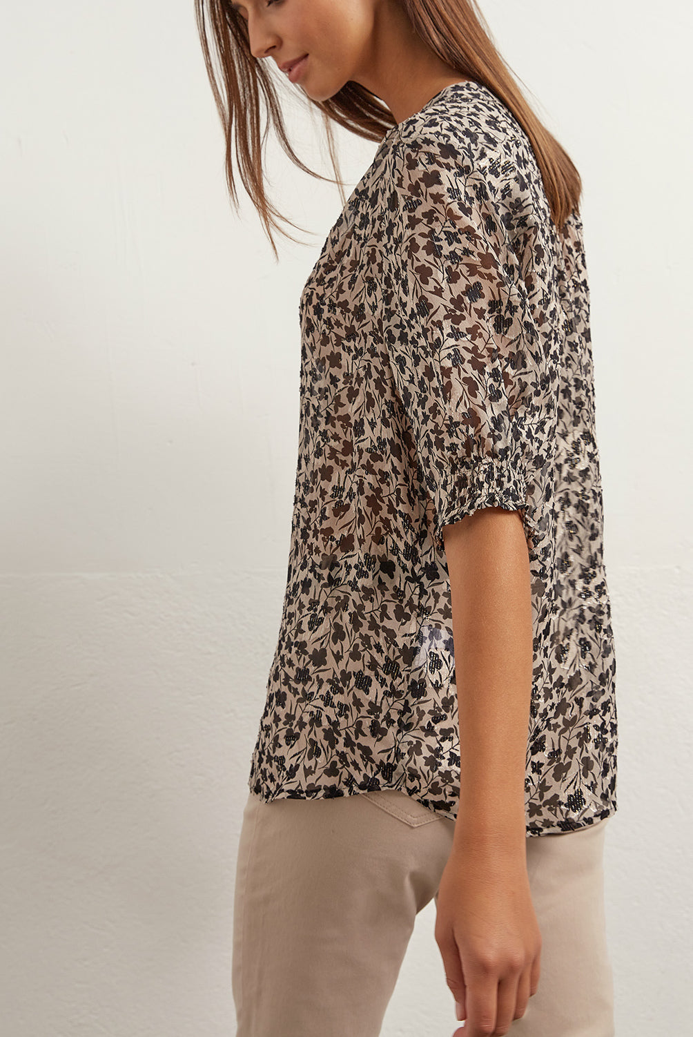 NOVELLA - Blouse imprimée en soie et Lurex Faume - seconde main