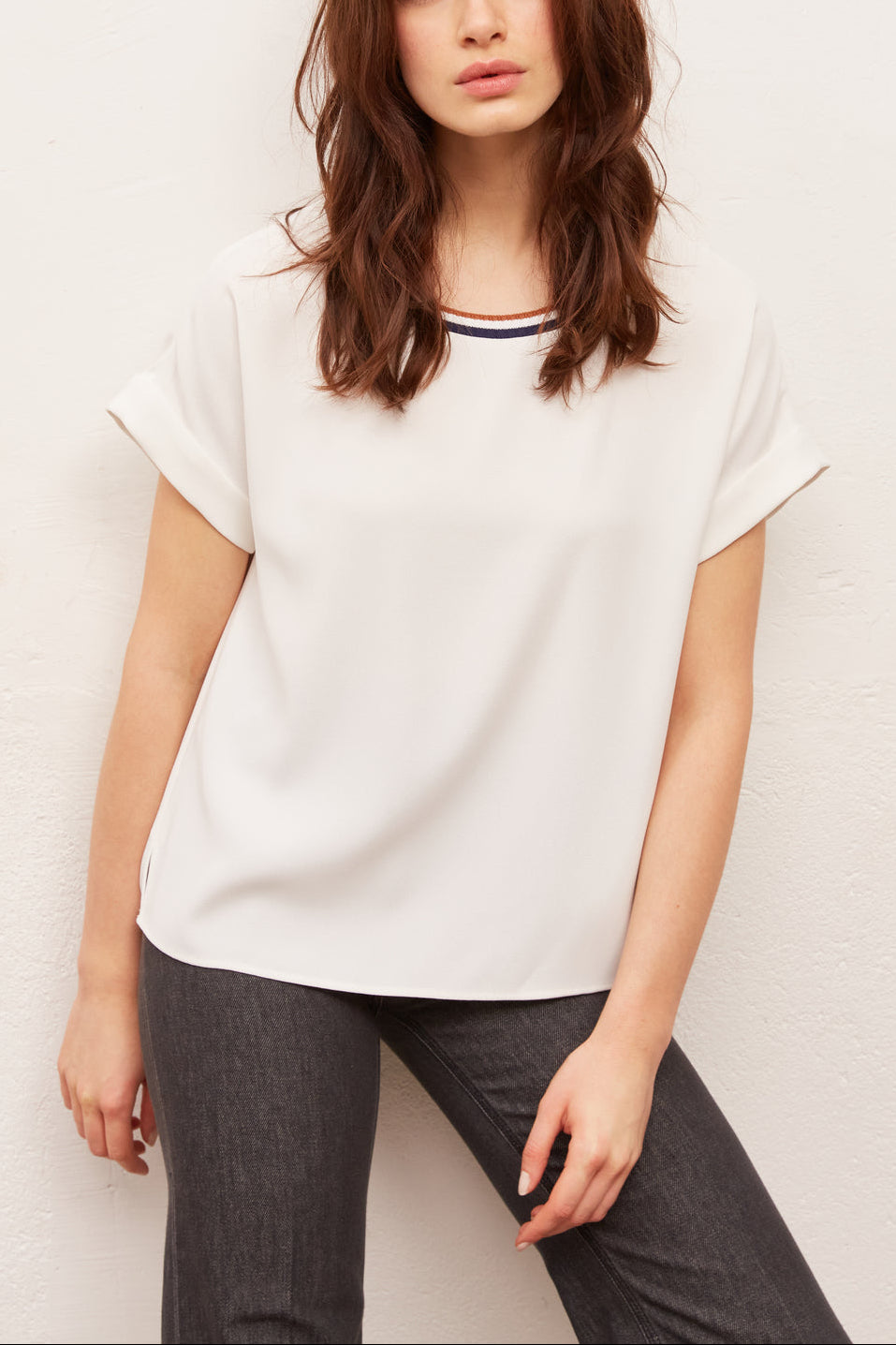 NAYEL - Top en crêpe avec encolure rayée Faume - seconde main