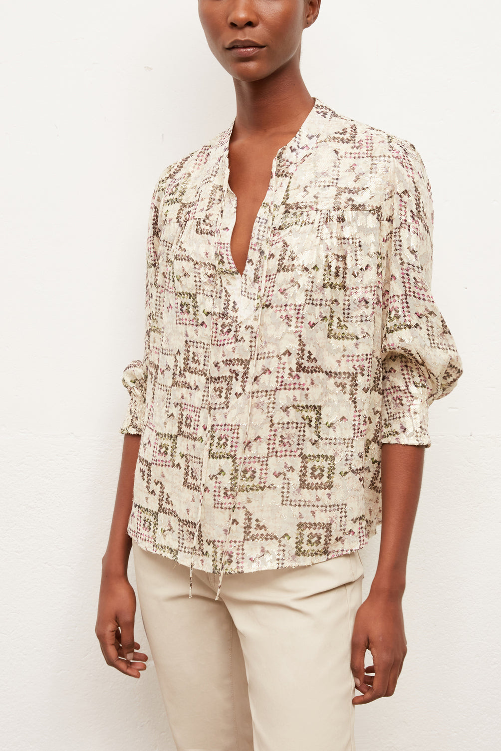 NANS - Blouse en soie imprimée avec Lurex Faume - seconde main